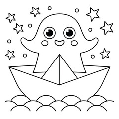 Adorable cartoon ghost floating in a paper boat on waves with stars and circles around it on a white background