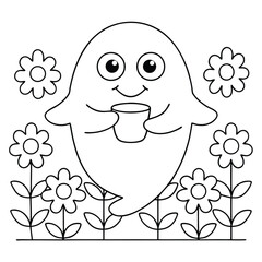 Adorable cartoon ghost holding a cup surrounded by flowers coloring page halloween drawing