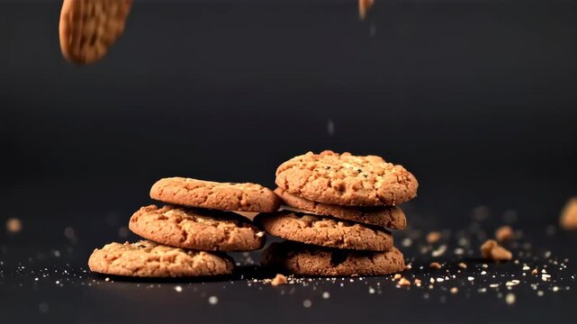 cookies falling from the air black background for advertising