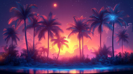 Vibrant sunset over tropical island with palm trees, glowing colors, and starry night sky.
