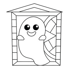 Cartoon ghost inside a window frame coloring page illustration halloween