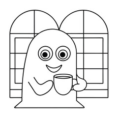 Cheerful cartoon ghost holding a steaming cup of coffee in front of two arched windows character