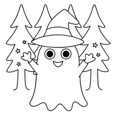 Cute cartoon ghost wearing a witch hat with arms raised in a forest of stylized trees with stars