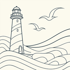 Illustration of a lighthouse on wavy water with two seagulls flying in the sky in a simple line drawing