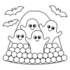 Fototapeta premium Four happy cartoon ghosts peeking from behind a pile of round objects with bats flying above on a white background