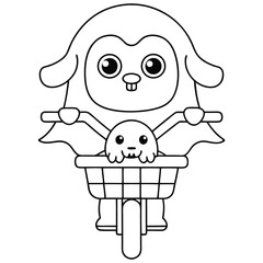 Cute cartoon vampire character riding a bicycle with a puppy in the basket on a white background