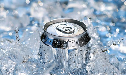 Iced drink can displayed with condensation for refreshment and summer