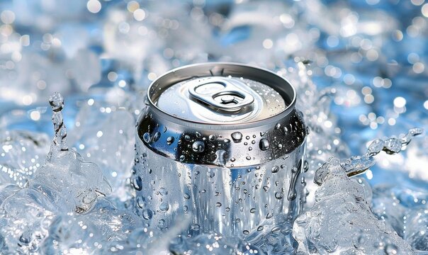 Iced drink can displayed with condensation for refreshment and summer