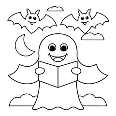Happy cartoon ghost reading a book with bats and a moon in the sky story learning