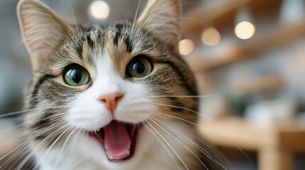 Happy cat with bright eyes enjoys playtime in a cozy cafe during a sunny afternoon