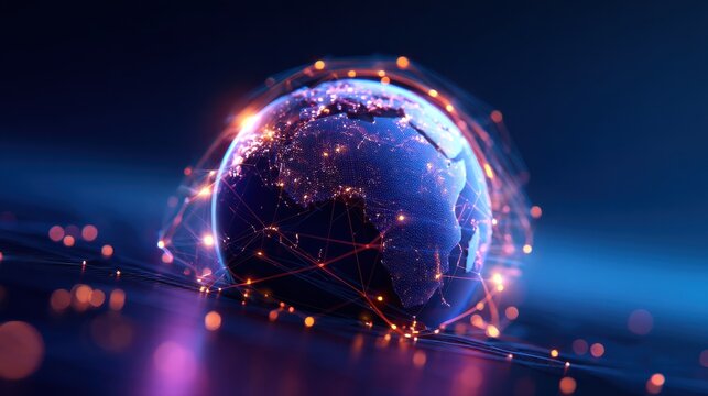 A vibrant, digital rendering of Earth, illuminated by interconnected lines and nodes, showcasing a networked globe against a dark background. - Powered by Adobe