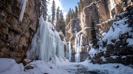 Frozen Waterfall in Snowy Rocky Canyon with Pine Trees in Winter
