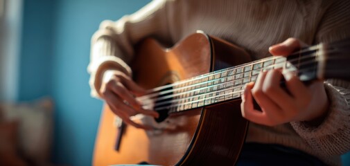Obraz premium The musician playing acoustic guitar in a cozy home setting.