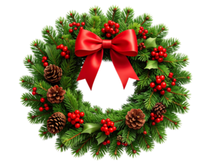 Traditional Green Christmas Wreath with Red Berries and Pinecones, Isolated on Transparent Background PNG  