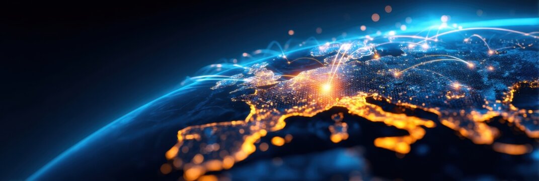 A stunning view of Earth at night, showcasing illuminated cities and networks of light, symbolizing global connectivity and technology.