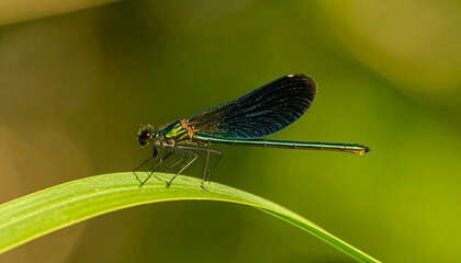 Emerald Dragonfly Perched on Green Blade, Detailed Macro Photography, Nature's Beauty