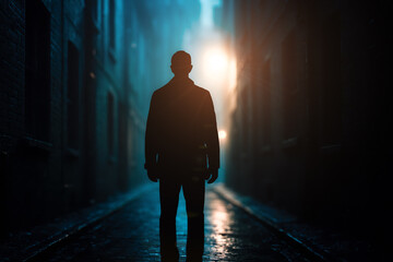 Mysterious person silhouette standing in dark urban alley at night with blue backlight, concept of...