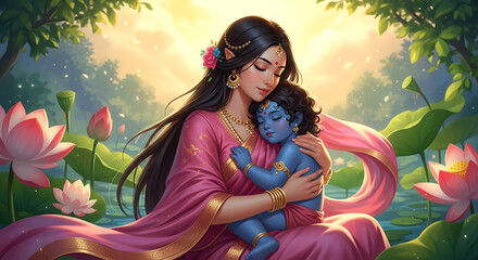 Mother holding sleeping blue baby surrounded by pink lotuses