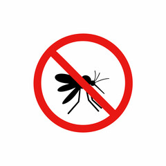 No mosquito sign featuring simple silhouette of an insect inside red prohibition circle. No mosquito icon represents prevention from diseases transmitted by insects such as malaria or zika,
