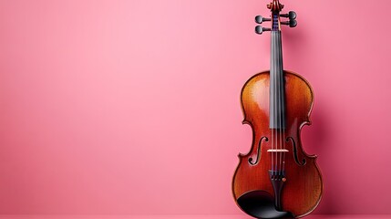 A beautifully made wooden violin and bow displayed on a gentle pink backdrop, emphasizing its grace and the art of musi