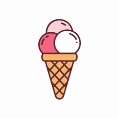 Ice cream cone features three scoops of different flavors in a waffle cone. This sweet ice cream is an appetizing treat. Simple ice cream icon for summer promotions.