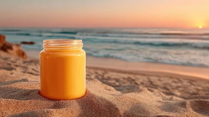 Orange jar on beach at sunrise