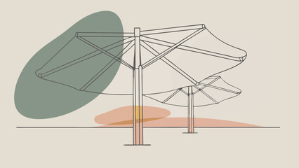 Stylish line art of two beach umbrellas with a minimalist design against a soft pastel background.