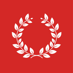 White laurel wreath on red background. Simple laurel wreath design perfect for awards ceremonies, achievement recognition, or victory celebrations.