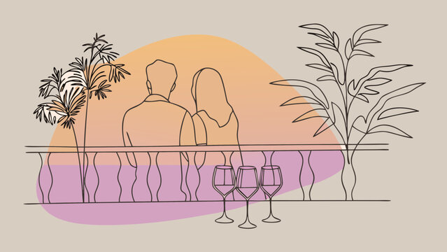 Naklejki A romantic couple enjoys a serene moment together on a balcony, surrounded by lush plants and glasses of wine.