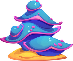 Underwater cartoon seaweed algae and coral reefs formation with layered blue and pink shell like shapes resting on a sandy yellow base. Isolated vector marine vegetation plant, aquatic life structure