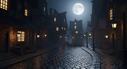 Mysterious cobblestone street in a historic European city illuminated by the full moon and glowing gas lamps on a foggy night.