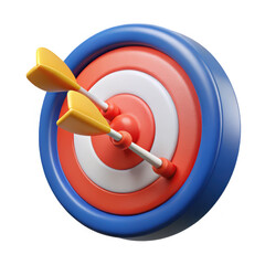 Two yellow darts hit the bullseye on a target isolated on transparent background