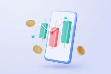 3D stock trading graph report for statistic in bubble icon. Sell and buy money cash and exchange with finance business failure, analyzing investment. 3d bank trading icon vector render illustration