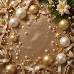 Gold and white Christmas ornament with surrounding pearls and decorative bows arranged in a festive and elegant setup ideal for holiday visuals.