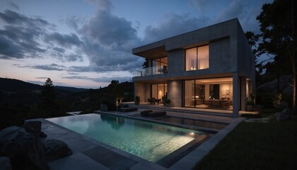 Fototapeta premium Modern concrete house with infinity pool at twilight overlooks serene hills. Minimalist luxury residence features geometric design, expansive windows, illuminated interior spaces, natural landscape