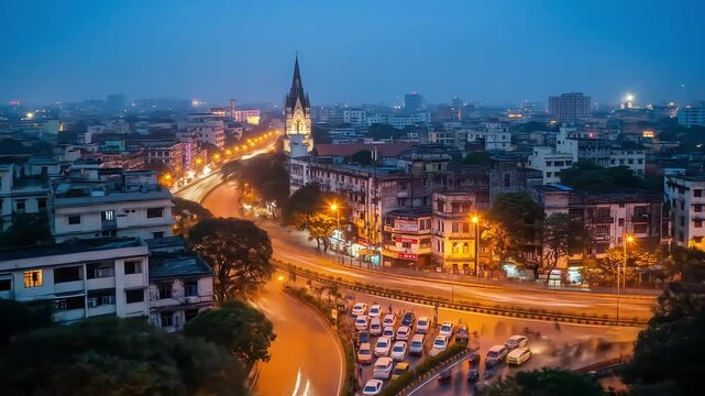 Night Cityscape with Winding Road And Car Light Trails Under Twilight Blue Sky in Yangon Myanmar Burma