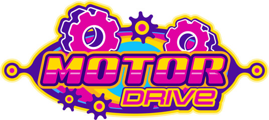 Car race, motor drive retro Y2K icon or sign. Rally motorsport Y2K vector symbol, drag race grand prix emblem. Formula 1 championship Y2K icon with gear cog wheels and vintage colorful typography