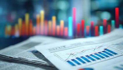 Business charts on stacked newspapers.  Blurred colorful bar graphs and lines overlay a close-up of financial data on newspapers