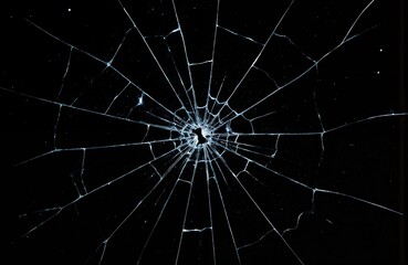Abstract black background displays shattered glass texture with radial cracks emanating from central impact point. Thin illumination traces sharp fracture lines, suggesting screen damage, vandalism,