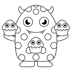 Cute cartoon monster holding cupcakes with polka dots and horns on a white background character