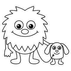 Cute cartoon monster walking a small dog on a leash on a white background puppy