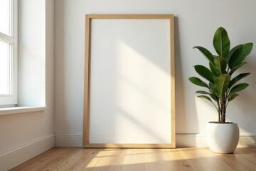Warm toned wooden frame mockup, home interior , empty, light, interior