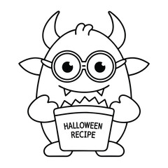 Cute cartoon monster with glasses holding a bucket labeled Halloween Recipe character