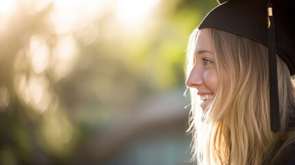 A blonde graduate in black cap and gown smiles joyfully outdoors, surrounded by lush greenery and sunlight,