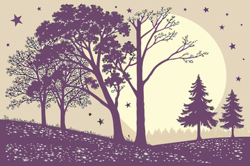 Obraz premium Silhouette of trees and stars against a large moon with a field of flowers in a serene night landscape