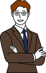 メガネ、茶色のスーツ、腕組みをして話す男性