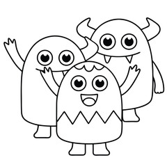 Group of three happy, waving cartoon monsters characters cute