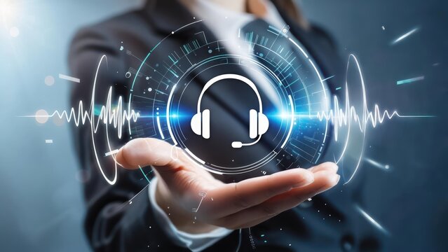 Businesswoman holds a holographic headset - Powered by Adobe