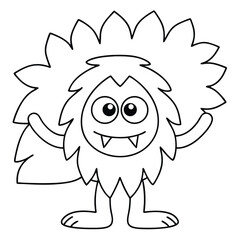Outline drawing of a happy monster with sharp teeth and spiky hair cartoon