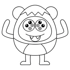 Outline of a multi-eyed cartoon monster with arms raised and sharp teeth illustration drawing